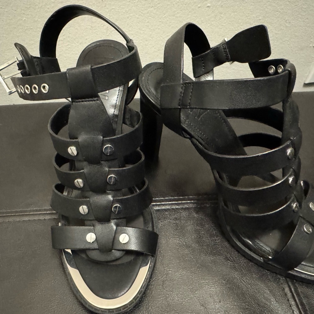 DKNY Black Strappy Heels with Silver Accents